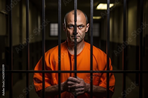 Foto Middle aged Caucasian prisoner in orange uniform holds hands on metal bars, looking at camera