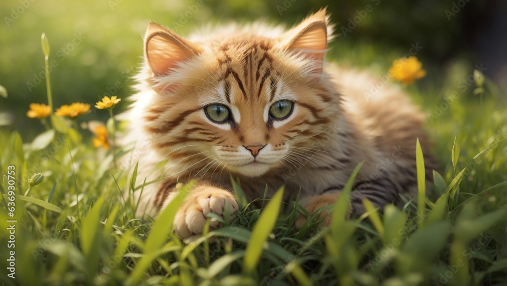 Cute cat laying on small grass 