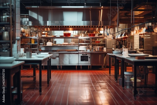 Interior of modern restaurant hotel kitchen with stainless steel appliances.