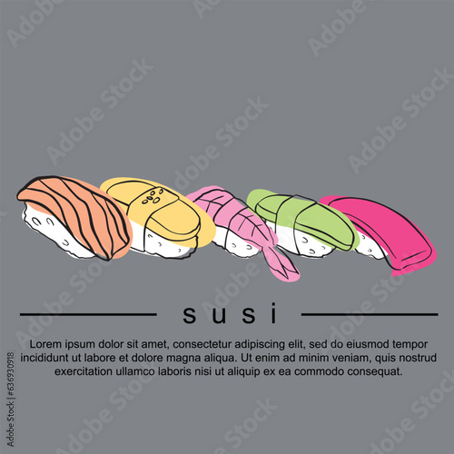 Graphics of linear creative icons with a color spot of sushi and sashimi. For menu projects, advertising, signage and other advertising applications. Vector