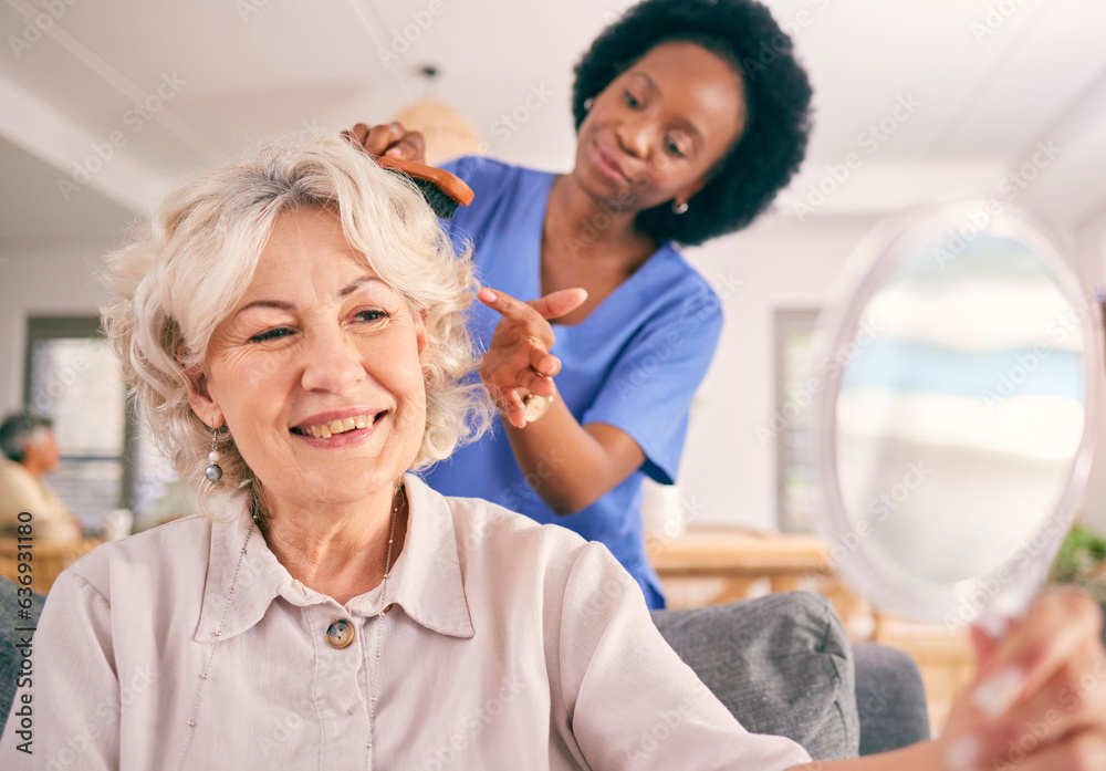 Caregiver brush hair of happy senior woman in the living room of the modern retirement home for self care. Mirror, routine and African female nurse doing a hairstyle for an elderly patient in lounge. Caregiver brush hair of happy senior woman in the living room of the modern retirement home for self care. Mirror, routine and African female nurse doing a hairstyle for an elderly patient in lounge.