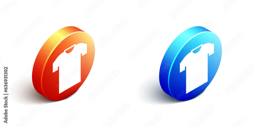 Isometric T-shirt icon isolated on white background. Orange and blue circle button. Vector Isometric T-shirt icon isolated on white background. Orange and blue circle button. Vector