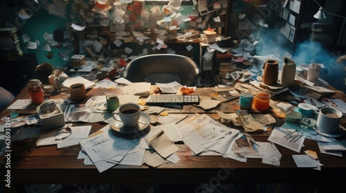 Concept of Uninspired Workspace: An office desk cluttered with disorganized papers and empty coffee cups, representing a lack of motivation. photo