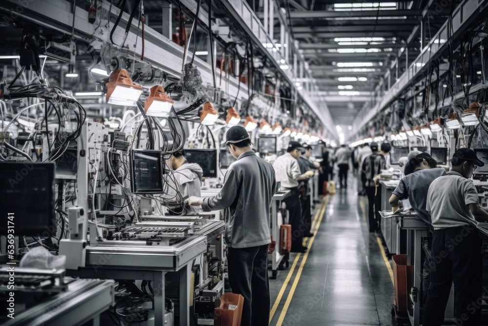 Workers working in a large modern industrial production facility. Workers working in a large modern industrial production facility.