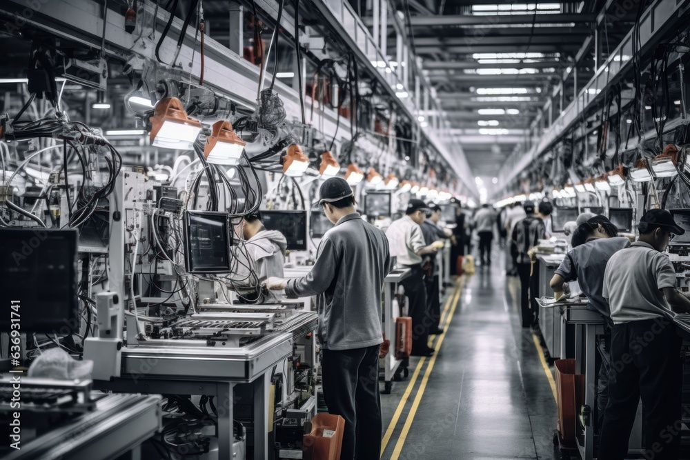 Workers working in a large modern industrial production facility.