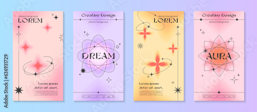 Vector insta story gradient templates with linear shapes,blurred sparkles,copy space for text in 90s style.Smm banners in y2k aesthetic.Trendy designs for social media marketing,branding,packaging