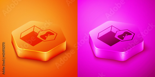Isometric NFT Digital crypto art icon isolated on orange and pink background. Non fungible token. Hexagon button. Vector