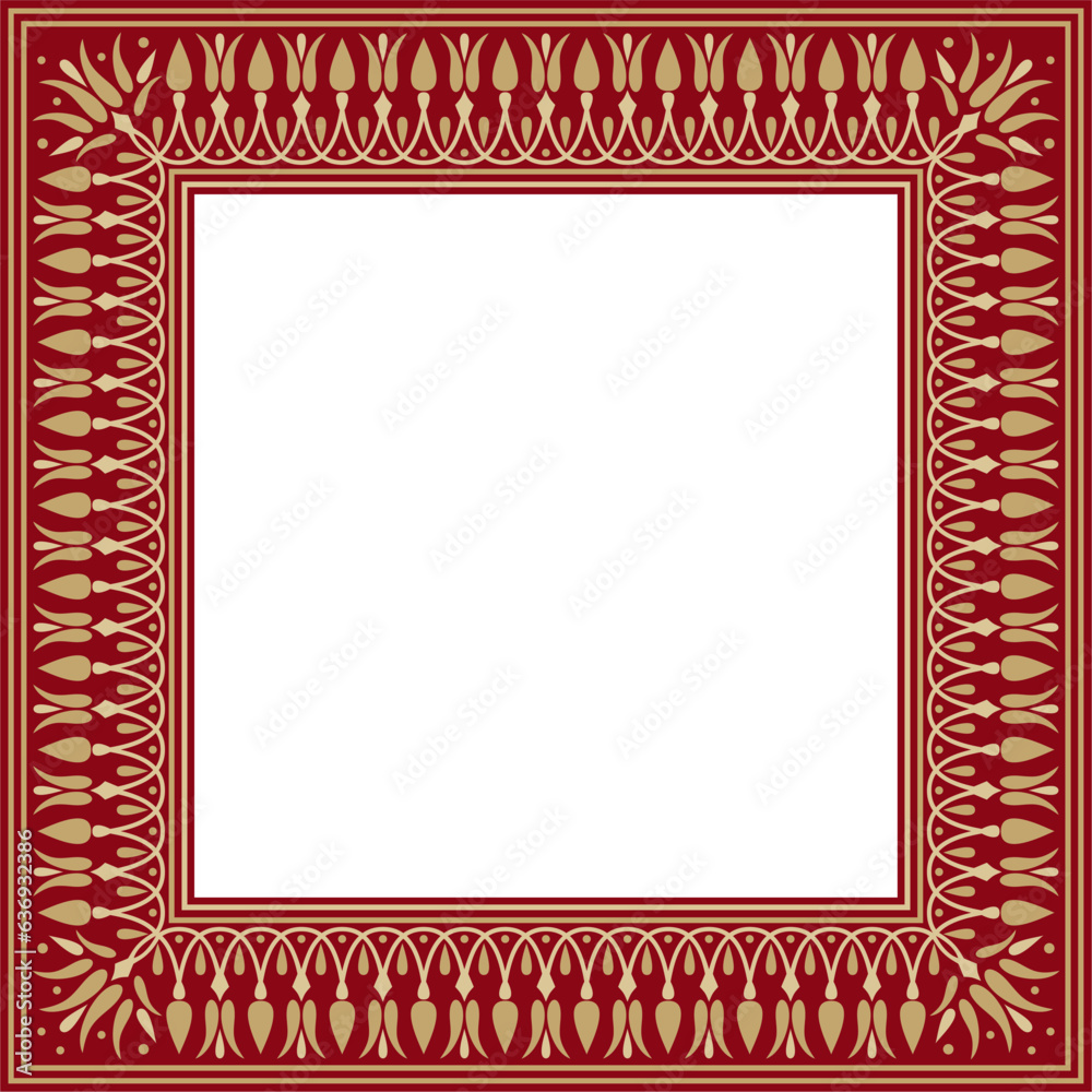 Vector gold and red square classic greek meander ornament. Pattern of ancient Greece. Border, frame of the Roman Empire..