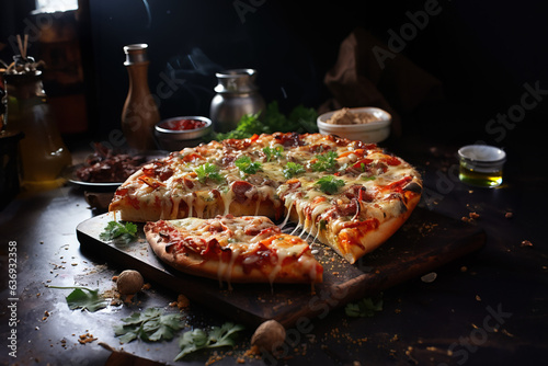 Tasty pizza in italian restaurant on the table with dark background