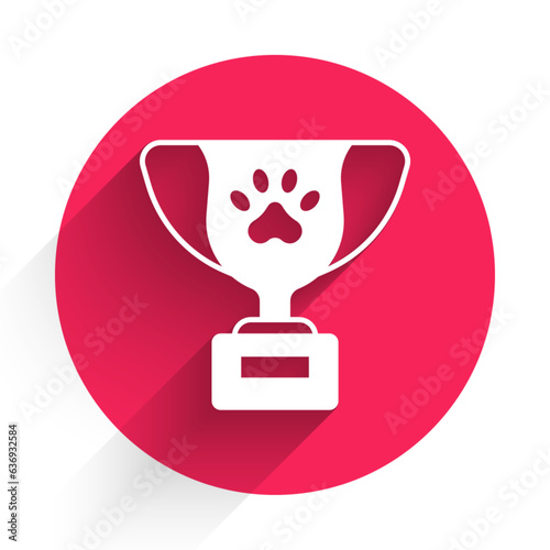 White Pet award symbol icon isolated with long shadow background. Medal with dog footprint as pets exhibition winner concept. Red circle button. Vector