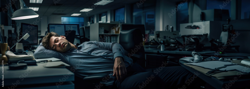 An office worker is sleeping in his chair at a desk in a business office, copy space. Created using generative artificial intelligence technology.