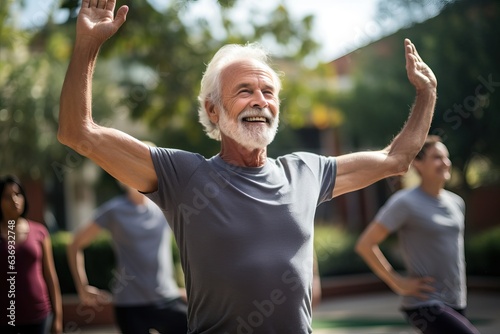 Senior Male Yoga Instructor Leads Tranquil Outdoor Class: Flexibility and Deep Knowledge Revealed