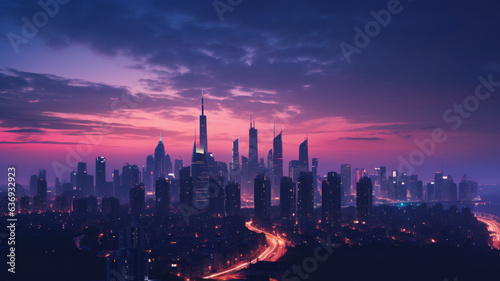 An illuminated city skyline against a dusky  pink-tinged horizon. AI Generative.