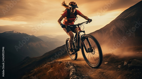 Female cyclist riding bicycle on mountain trail, woman on sports bike, Generative Ai © Nakron
