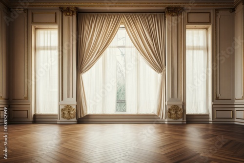 empty interior room with bright window and curtains. 