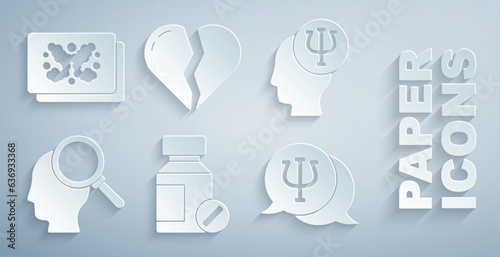 Set Sedative pills, Psychology, Psi, Finding problem, Broken heart or divorce and Rorschach test icon. Vector