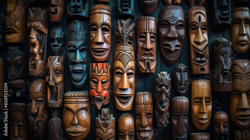 wooden carved masks on the wall
