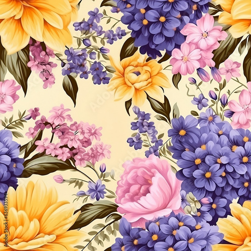 Seamless pattern of lavender and blue colored flower print, in the style of yellow and pink, babycore, retro vintage, velvety textures, floral accents, anglocore photo