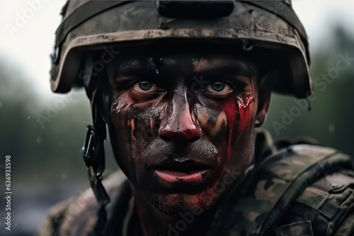 Portrait of a Caucasian soldier with mud and blood on his face. He is devastated and exhausted, but devoted to his homeland, duty and cause. © Stavros