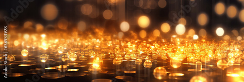 Abstract golden bokeh on black background, for festive design, generative ai