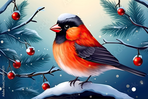Christmas Poster. illustration of Christmas Background with branches of christmas tree and bullfinch. Post processed AI generated image.