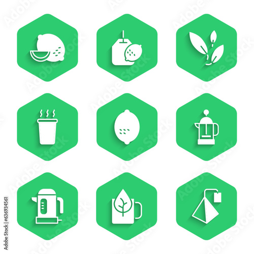 Set Lemon, Cup of tea with leaf, Tea bag, French press, Electric kettle, and icon. Vector