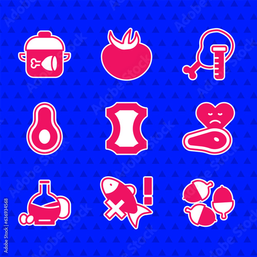 Set Leather, No fish, Acorn, Steak meat, Bottle of olive oil, Avocado fruit, Genetically modified chicken and Cooking pot and leg icon. Vector