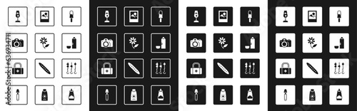 Set Ice cream, Flower, Photo camera, Wine glass, Thermos container, frame, Grilled shish kebab skewer and First aid kit icon. Vector