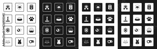 Set Canned food, Pet bowl for cat or dog, Cat scratching post with toy, award symbol, Paw print, Animal health insurance, carry case and Turtle icon. Vector