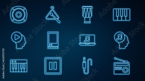 Set line Radio with antenna, Musical note in human head, Drum, Voice assistant, Head people play button, Stereo speaker, Laptop music and Triangle musical instrument icon. Vector