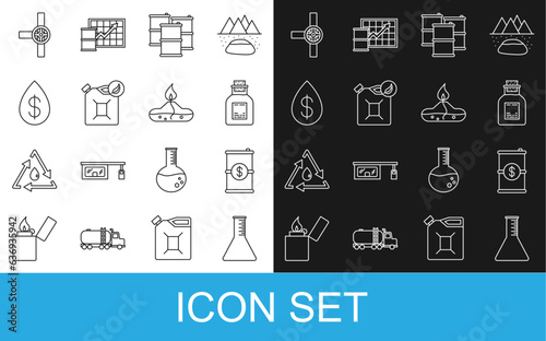 Set line Oil petrol test tube, Barrel oil with dollar, Bio fuel canister, drop, Industry pipes and valve and Alcohol or spirit burner icon. Vector