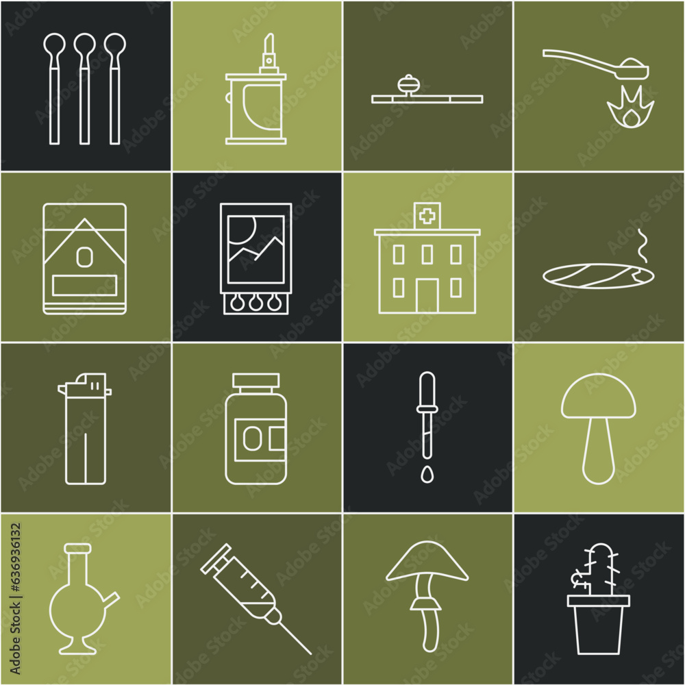 Set line Cactus peyote in pot, Psilocybin mushroom, Cigar with smoke, Opium pipe, Open matchbox and matches, Cigarettes pack, Matches and Medical hospital building icon. Vector Set line Cactus peyote in pot, Psilocybin mushroom, Cigar with smoke, Opium pipe, Open matchbox and matches, Cigarettes pack, Matches and Medical hospital building icon. Vector