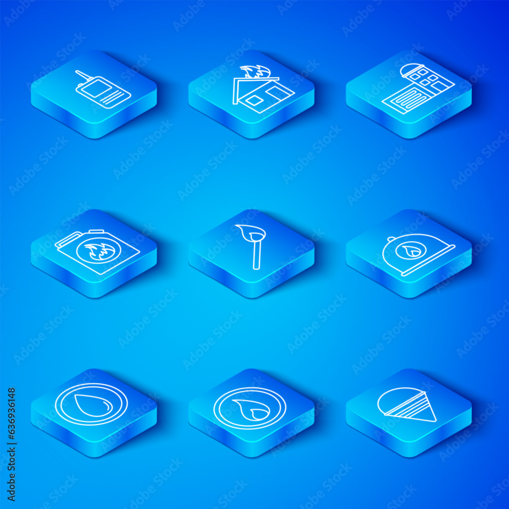 Set line Water drop, Burning match with fire, Fire flame, Firefighter helmet, Building of station, Canister for flammable liquids, Walkie talkie and cone bucket icon. Vector Set line Water drop, Burning match with fire, Fire flame, Firefighter helmet, Building of station, Canister for flammable liquids, Walkie talkie and cone bucket icon. Vector