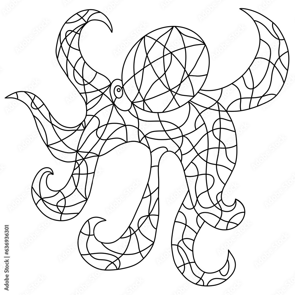 Black and White Octopus in Stained Glass Window Style. Outline Octopus ...