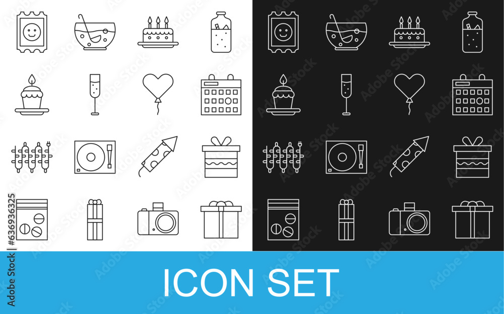 Set line Gift box, Birthday calendar, Cake with burning candles, Glass of champagne, LSD acid mark and Balloon form heart icon. Vector