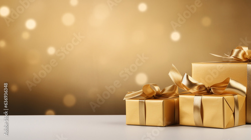 Gold Gift Boxes with Tied Ribbons Gracefully Presented on a Podium,black friday, christmas present, gift, 