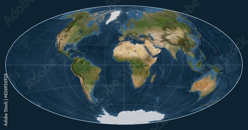 World map. Satellite. Aitoff projection. Meridian: 0 photo