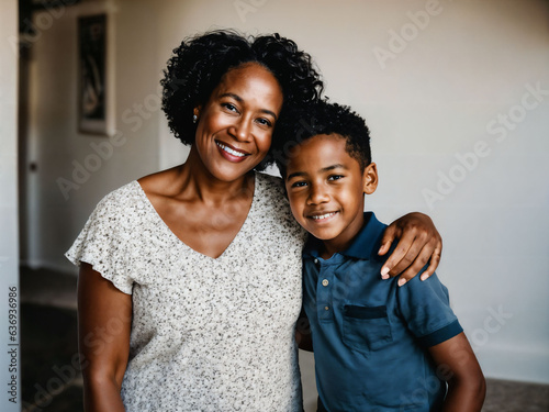 photo of happy family black mother and son, generative AI