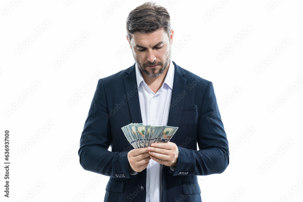 Man with money cash. Dollar banknotes. Portrait of businessman holding money banknotes. Dollar bills, credit, online banking. Rich man pointing at dollar banknotes, bank loan, financial savings. Man with money cash. Dollar banknotes. Portrait of businessman holding money banknotes. Dollar bills, credit, online banking. Rich man pointing at dollar banknotes, bank loan, financial savings.