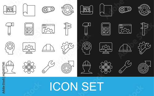 Set line Gear and arrows as workflow process, Wrench spanner gear, Calliper caliper scale, Timing belt kit, Calculator, Hammer, House plan and Browser setting icon. Vector