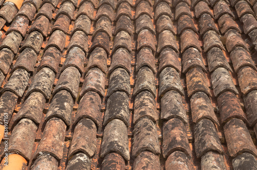 Old mediterranean ceramic tile roof close up