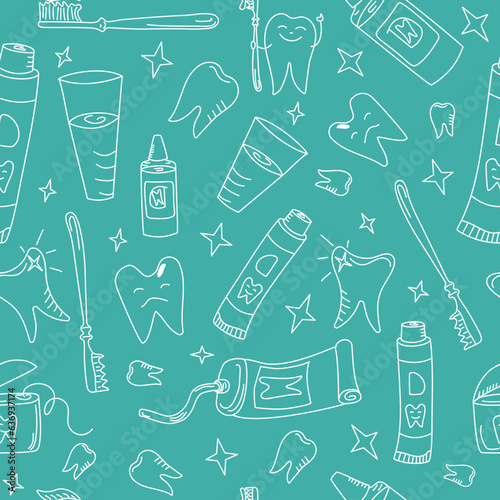 Dental doodle icons set, seamless pattern. Teeth brushing and oral hygiene. Healthy and sick teeth, toothbrush, toothpaste. Dental care products.