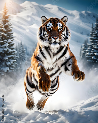 a tiger jumping in the snow of a winter landscape - generative ai  