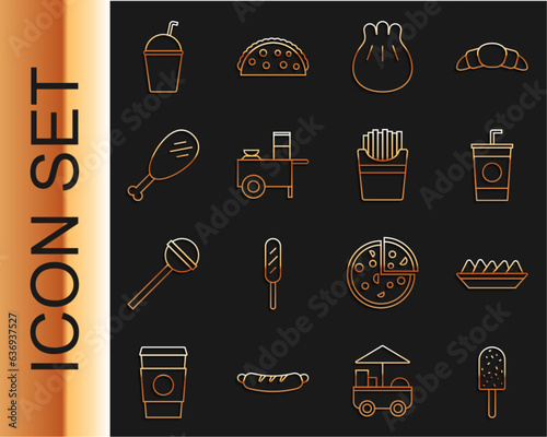 Set line Ice cream, Nachos in plate, Paper glass with straw, Khinkali on cutting board, Fast street food cart, Chicken leg, Milkshake and Potatoes french fries box icon. Vector