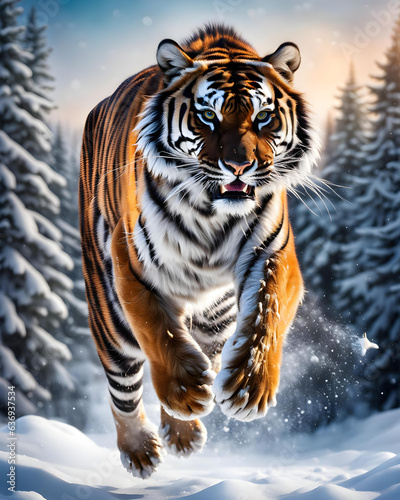 a tiger jumping in the snow of a winter landscape - generative ai