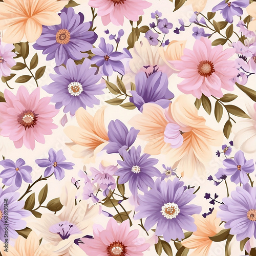 Seamless pattern of lavender and blue colored flower print, in the style of yellow and pink, babycore, retro vintage, velvety textures, floral accents, anglocore