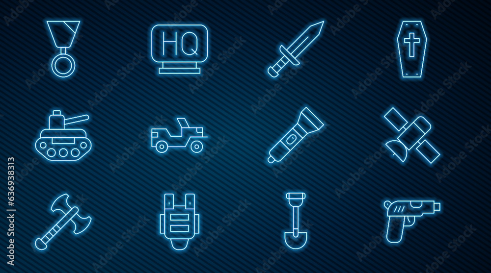Set line Pistol or gun, Satellite, Sword, Military jeep, tank, reward medal, Flashlight and headquarters icon. Vector Set line Pistol or gun, Satellite, Sword, Military jeep, tank, reward medal, Flashlight and headquarters icon. Vector