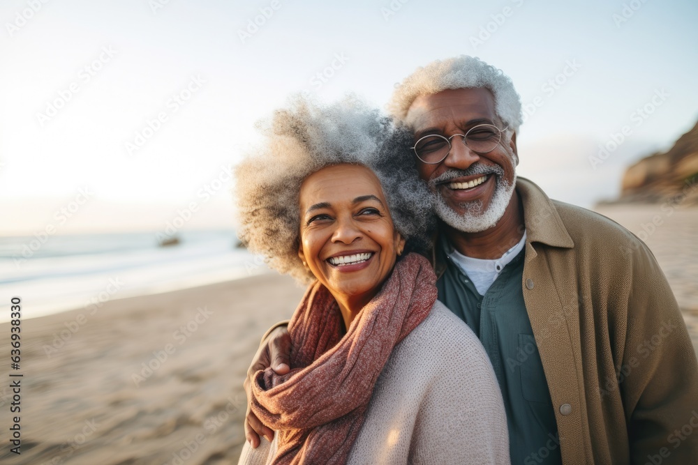 Senior couple on the beach, afro american people, generative AI