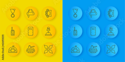 Set line Military barracks, Walkie talkie, assault shield, Japanese ninja shuriken, Soldier grave, reward medal, Brass knuckles and Swiss army knife icon. Vector