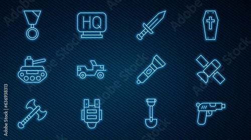 Set line Pistol or gun, Satellite, Sword, Military jeep, tank, reward medal, Flashlight and headquarters icon. Vector